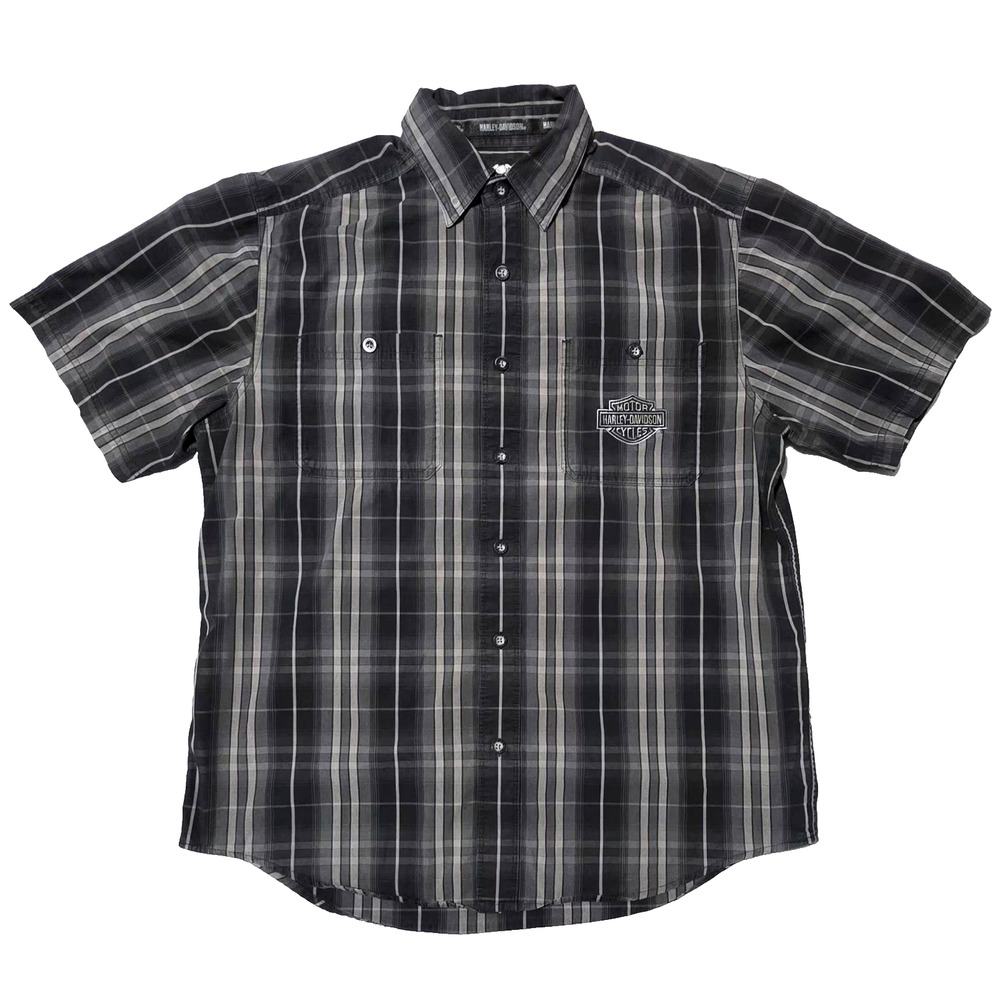 Harley Davidson Shirt Large Gray Black Plaid Button Up Biker Embroidered Cotton